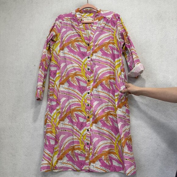 Anthropologie Shirt Dress Womens Medium Pink Tropical Floral Button Front Cotton - Picture 5 of 10
